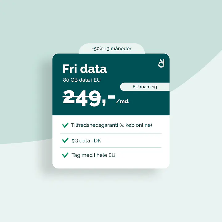 5G Internet til kontoret - Binding: 36 mdr., Abonnement: Ubegrænset DK data + 80 GB EU data, Router: Ingen router og Datadelingskort (+39 kr./md.): Nej
