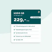 5G Internet til kontoret - Binding: 36 mdr., Abonnement: 1000 GB DK data + 70 GB EU data, Router: Ingen router og Datadelingskort (+39 kr./md.): Nej