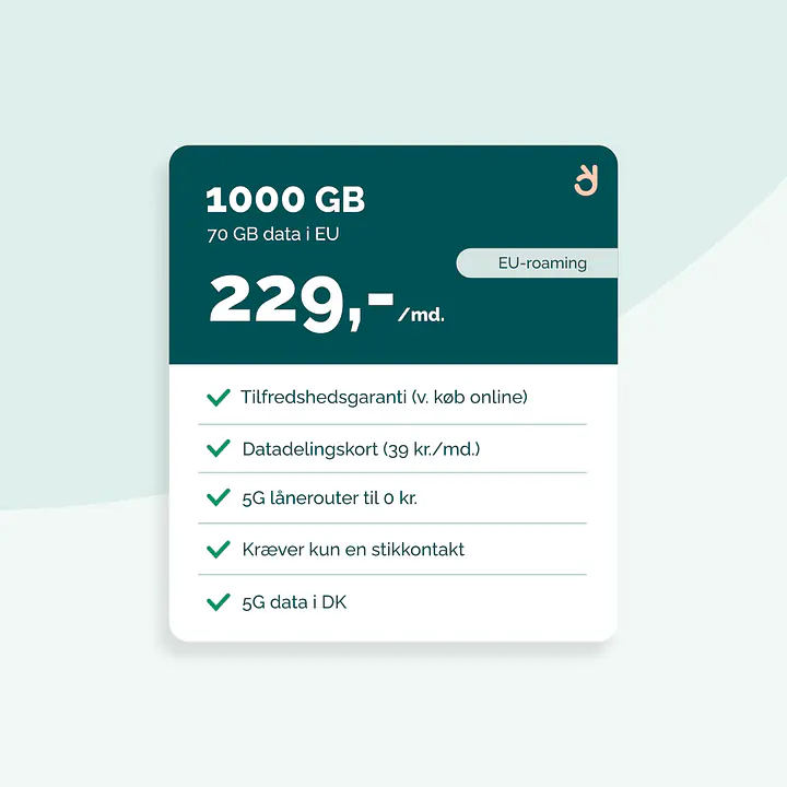 5G Internet til kontoret - Binding: 36 mdr., Abonnement: 1000 GB DK data + 70 GB EU data, Router: Ingen router og Datadelingskort (+39 kr./md.): Nej
