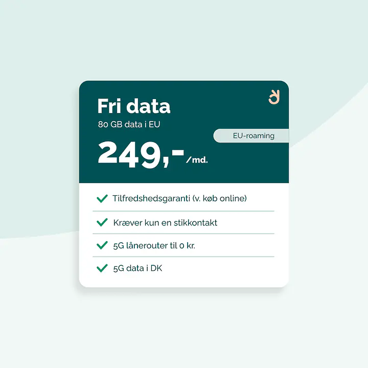 5G Internet til kontoret - Binding: 36 mdr., Abonnement: Ubegrænset DK data + 80 GB EU data, Router: Ingen router og Datadelingskort (+39 kr./md.): Nej