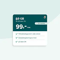 5G Internet til kontoret - Binding: 36 mdr., Abonnement: 50 GB DK data + 40 GB EU data, Router: Ingen router og Datadelingskort (+39 kr./md.): Nej
