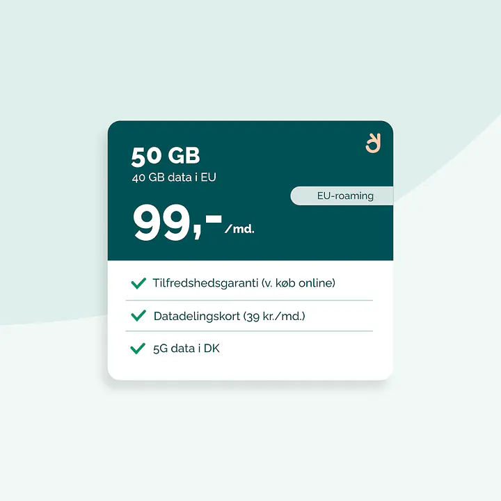 5G Internet til kontoret - Binding: 36 mdr., Abonnement: 50 GB DK data + 40 GB EU data, Router: Ingen router og Datadelingskort (+39 kr./md.): Nej